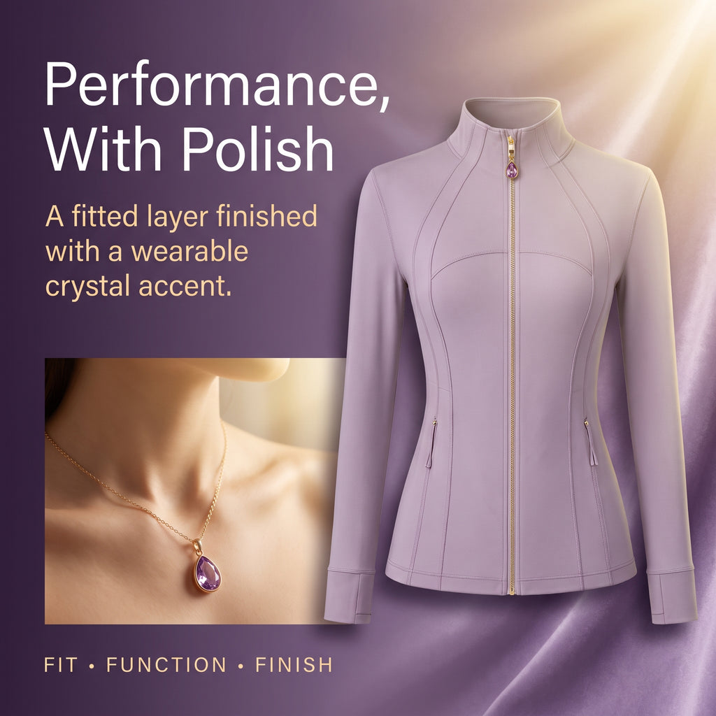 Taro purpleWomen’s Slim Fit Yoga Jacket with Removable Crystal Zipper Charm