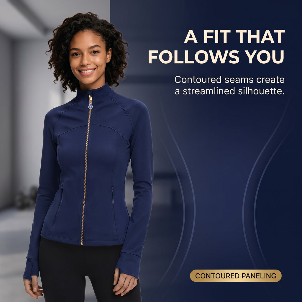 Navy Women’s Slim Fit Workout Jacket, Removable Crystal Zipper Charm Accessory