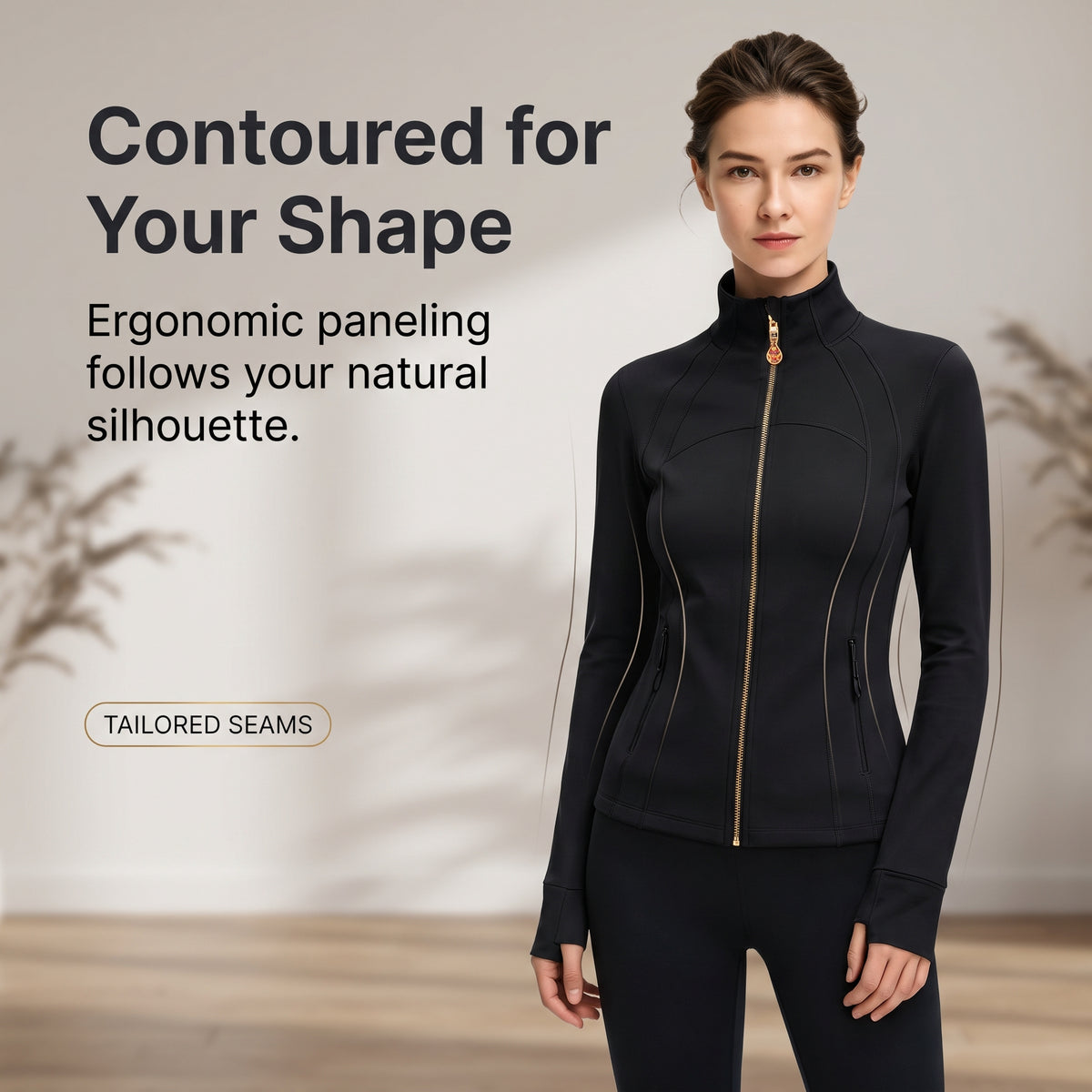 Black Women’s Slimming Yoga Jacket, Detachable Teardrop Crystal Zipper Charm