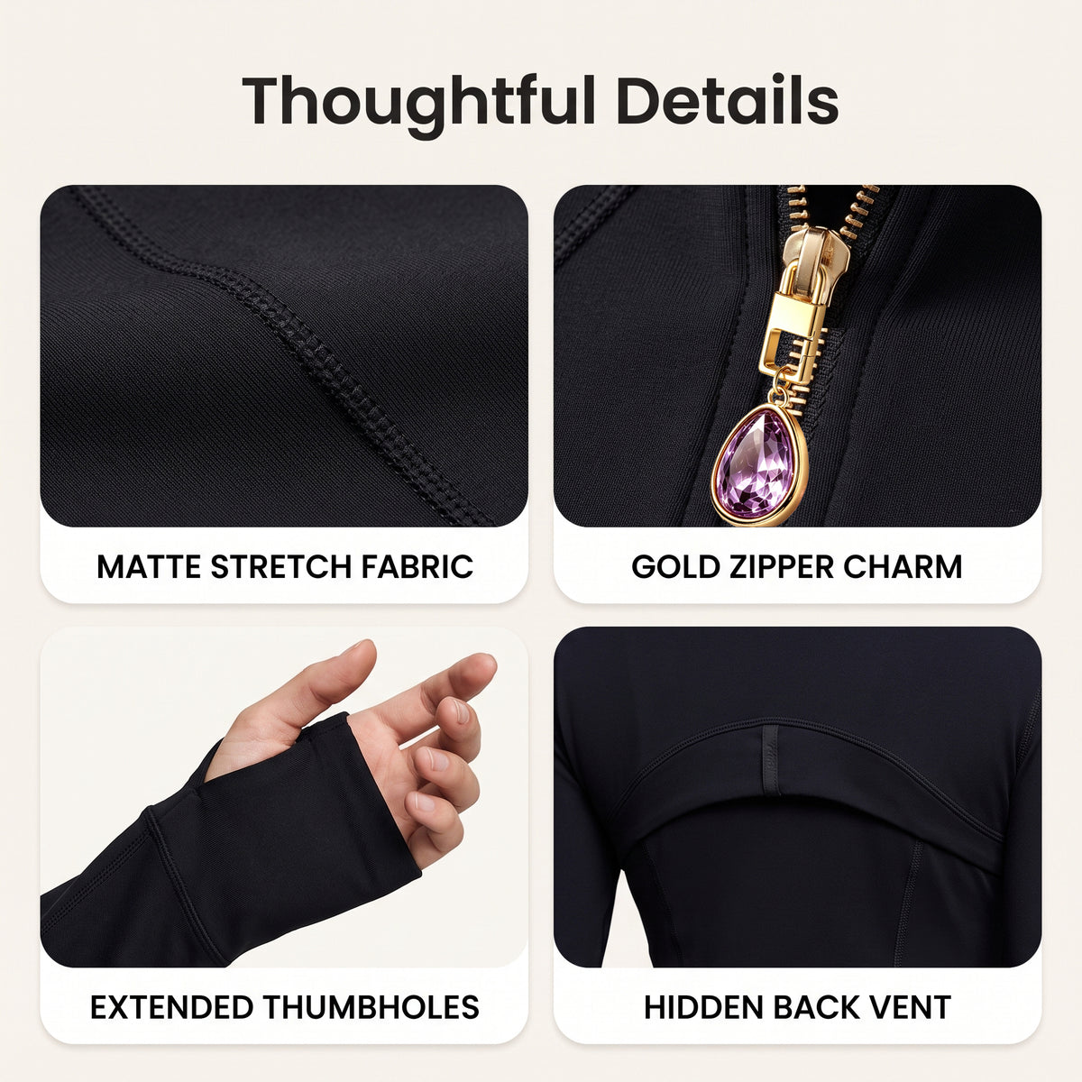 Black Women’s Slimming Yoga Jacket, Detachable Teardrop Crystal Zipper Charm