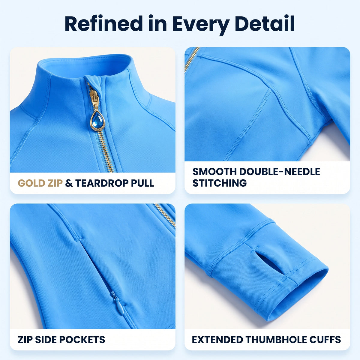 Bright Blue Women’s Athletic Jacket, Wearable Teardrop Crystal Zip Pull Charm