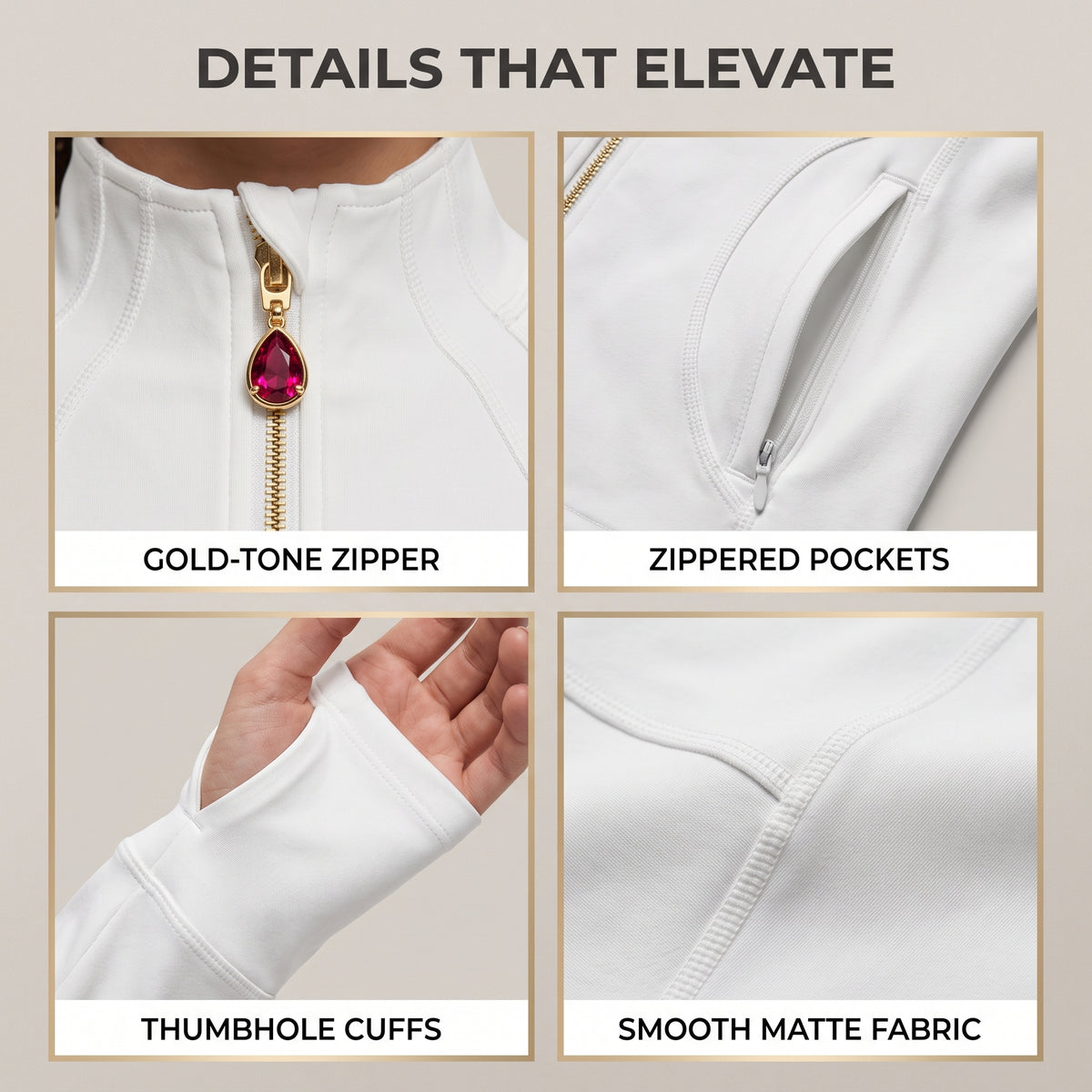 White Women’s Full Zip Yoga Jacket, Detachable Teardrop Crystal Charm Necklace