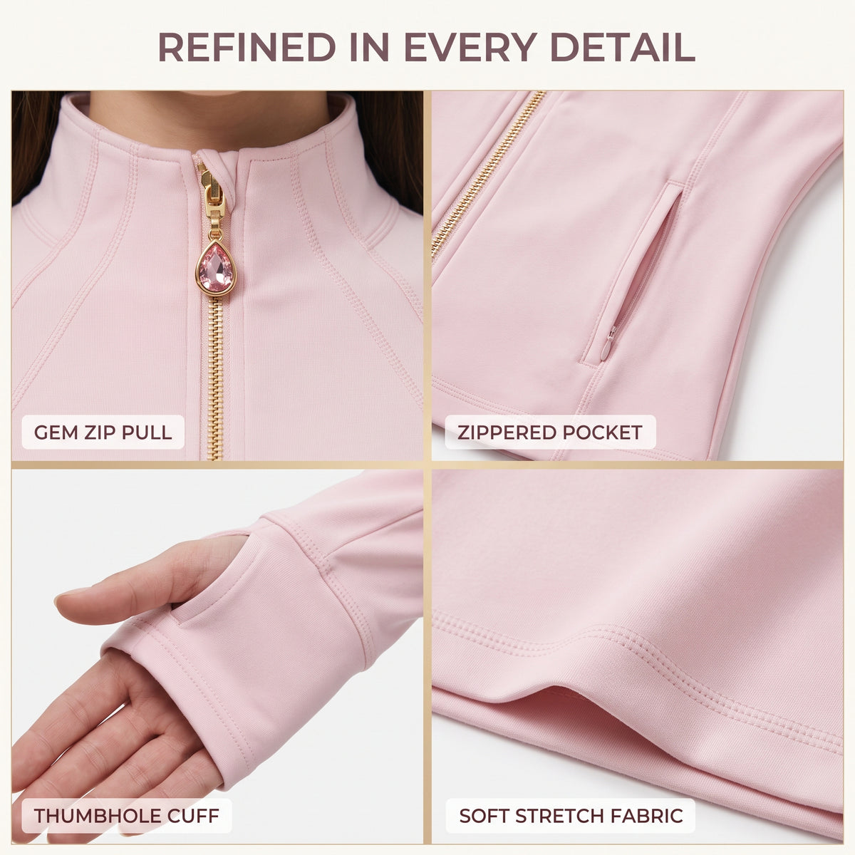 Pink Women’s Workout Jacket, 2-in-1 Crystal Zipper Charm Turns Into Necklace