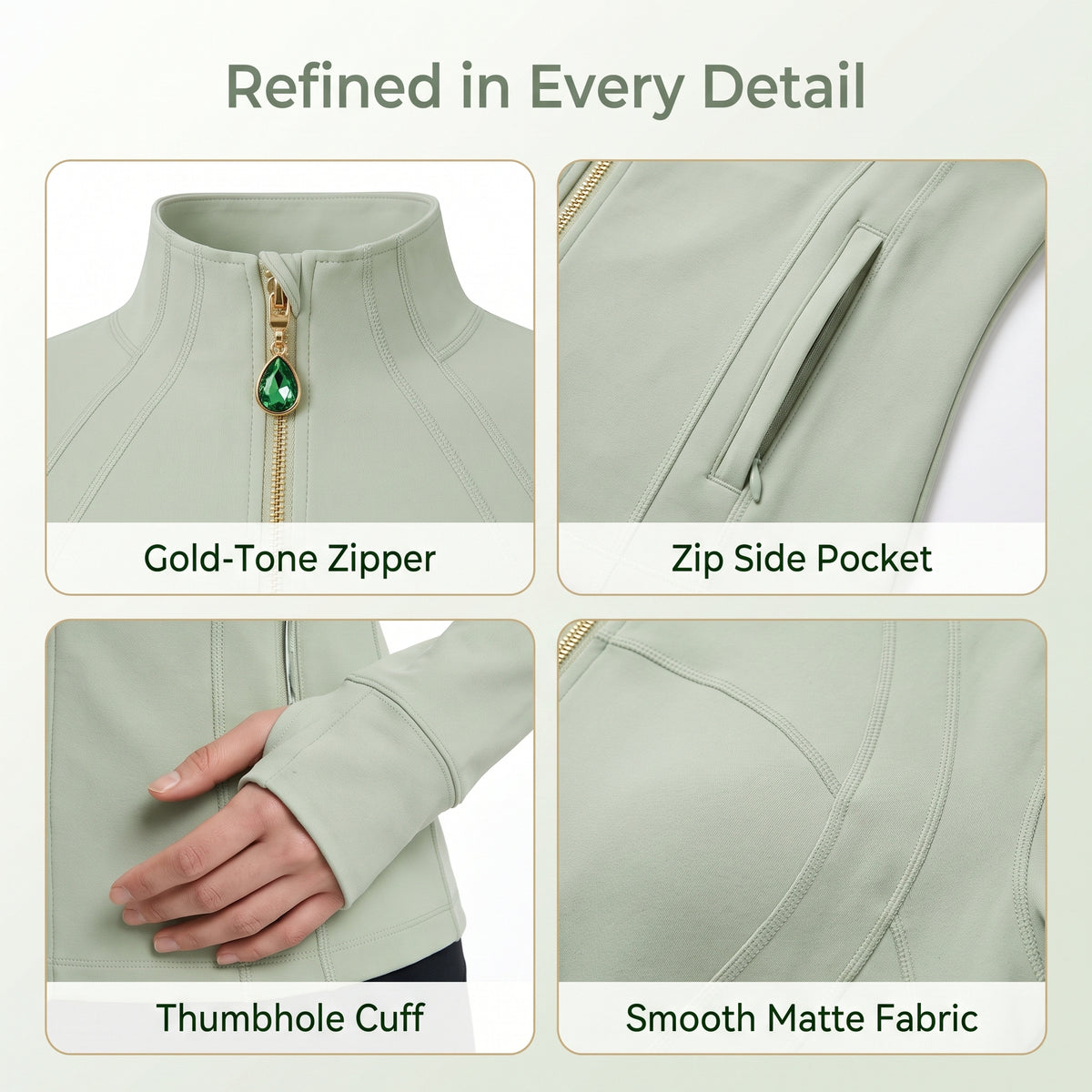 Sage Green Women’s Yoga Athleisure Jacket, Convertible Crystal Zipper Charm