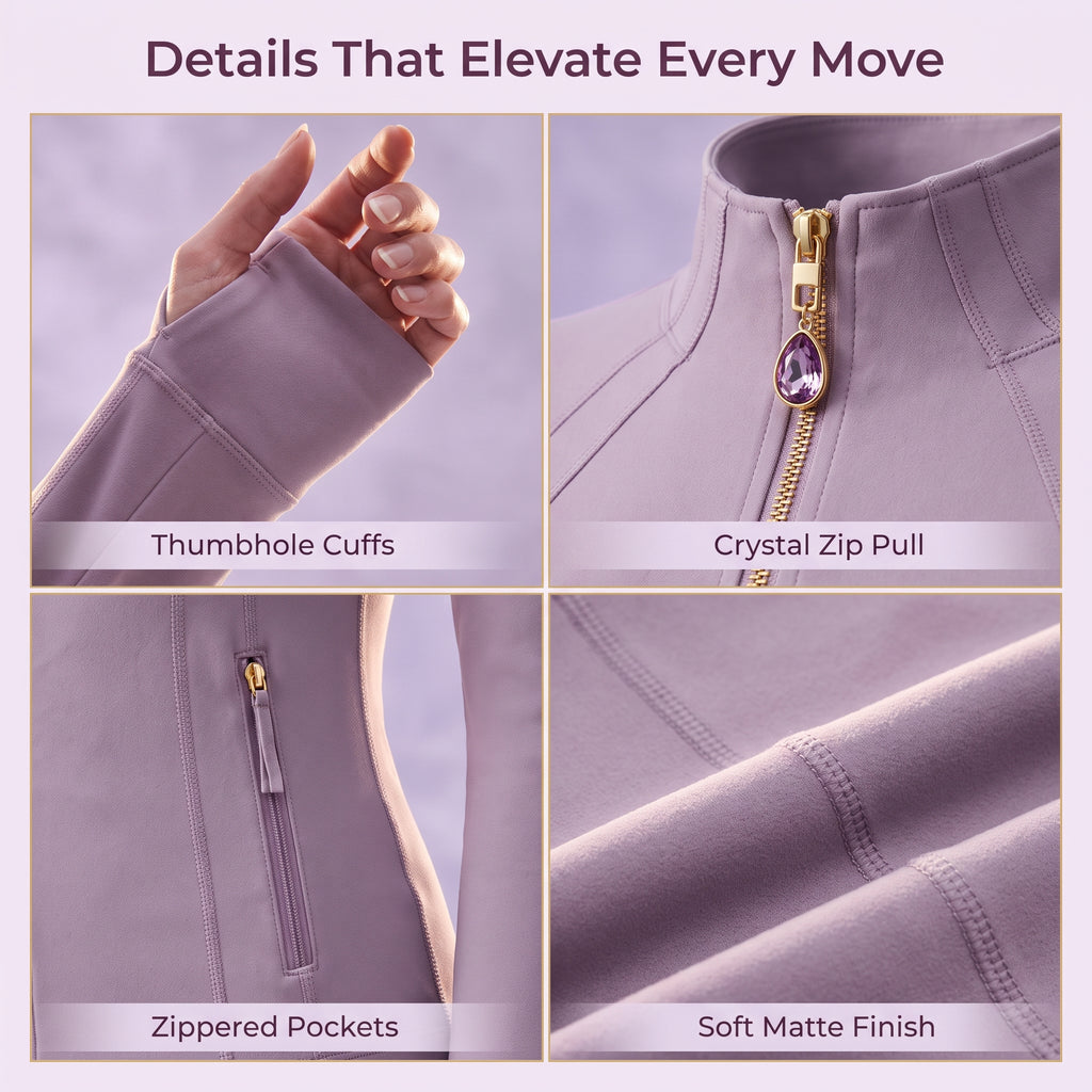 Taro purpleWomen’s Slim Fit Yoga Jacket with Removable Crystal Zipper Charm