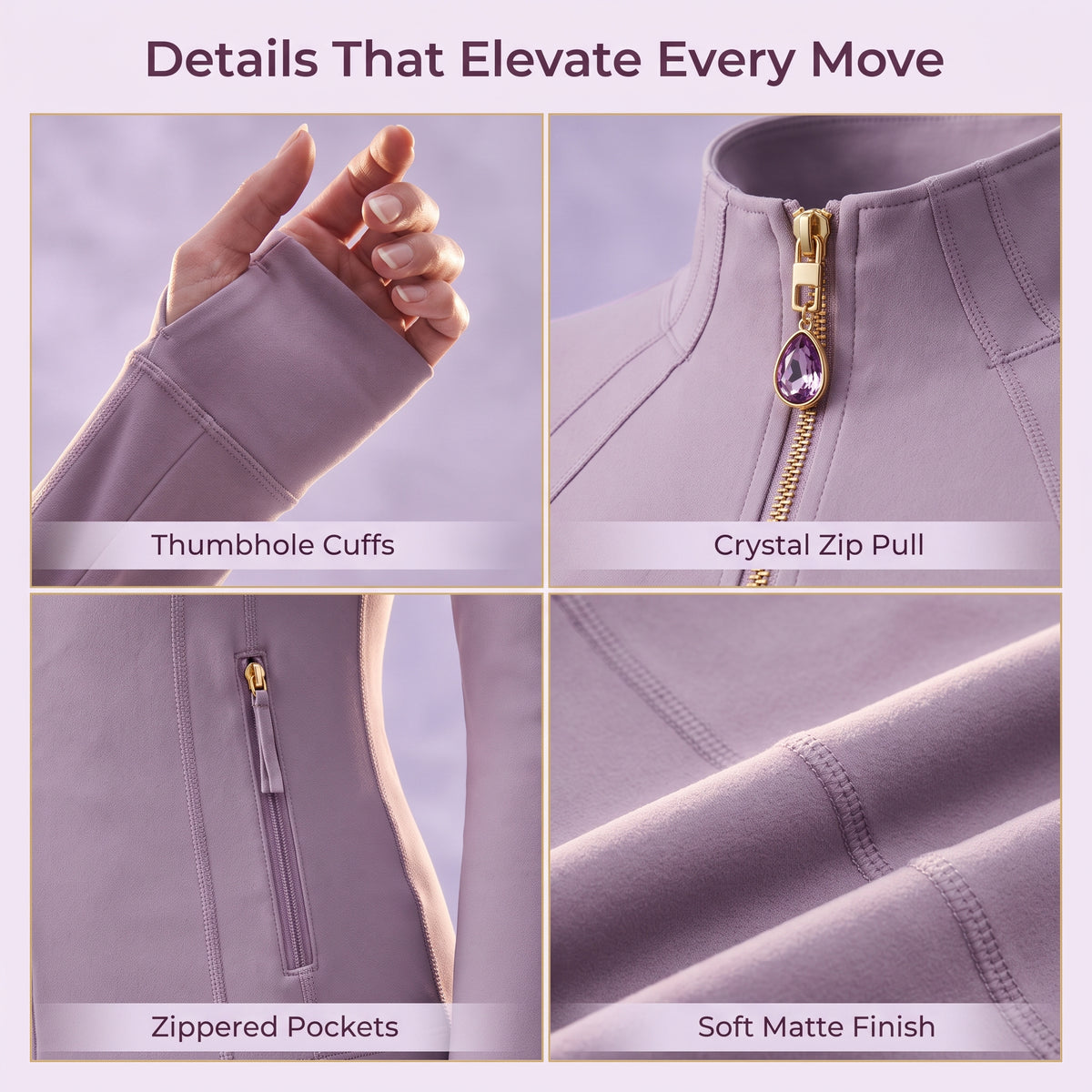 Taro purpleWomen’s Slim Fit Yoga Jacket with Removable Crystal Zipper Charm