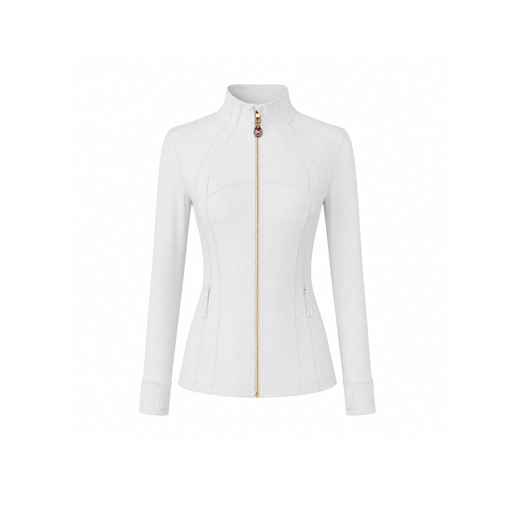 White Women’s Full Zip Yoga Jacket, Detachable Teardrop Crystal Charm Necklace