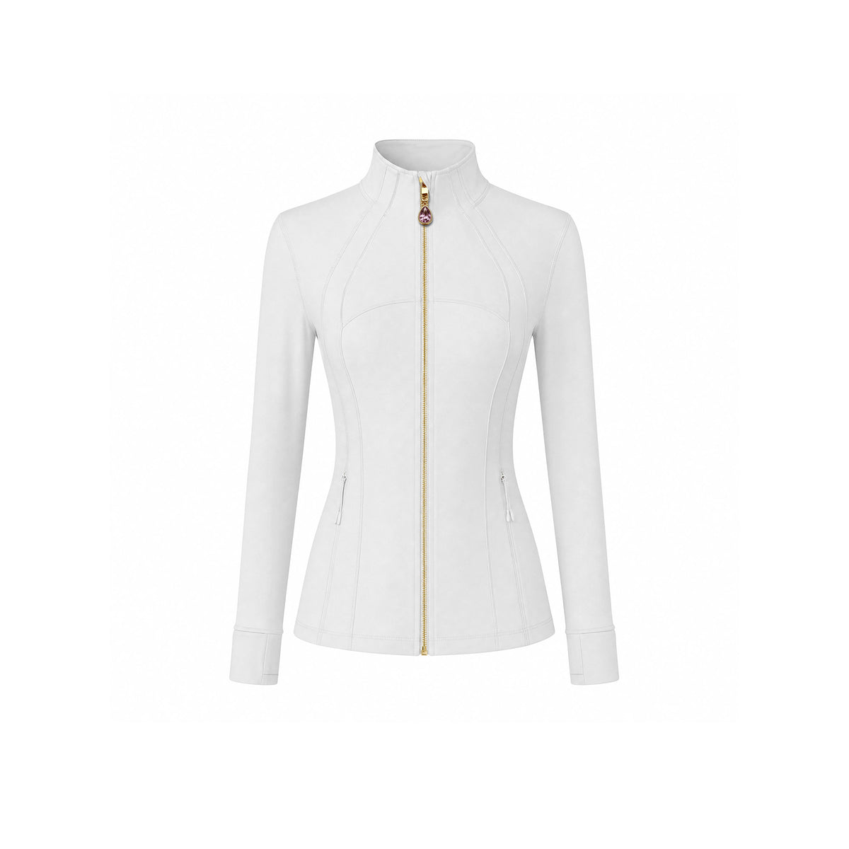 White Women’s Full Zip Yoga Jacket, Detachable Teardrop Crystal Charm Necklace