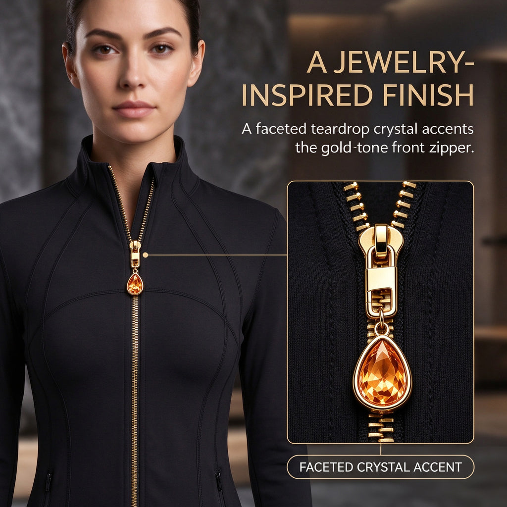 Black Women’s Slimming Yoga Jacket, Detachable Teardrop Crystal Zipper Charm