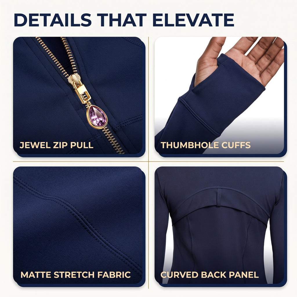 Navy Women’s Slim Fit Workout Jacket, Removable Crystal Zipper Charm Accessory