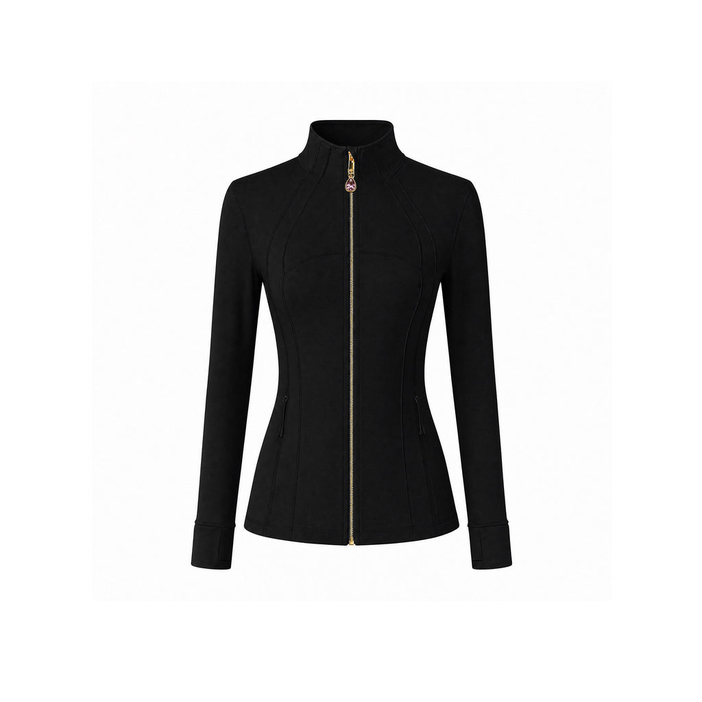 Black Women’s Slimming Yoga Jacket, Detachable Teardrop Crystal Zipper Charm