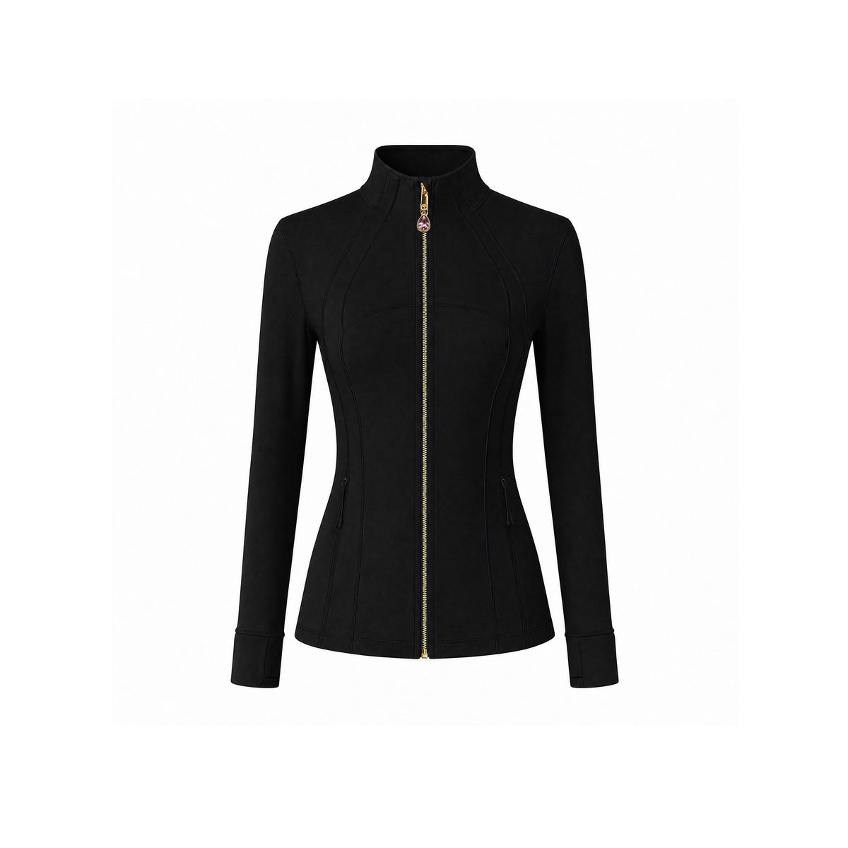Black Women’s Slimming Yoga Jacket, Detachable Teardrop Crystal Zipper Charm