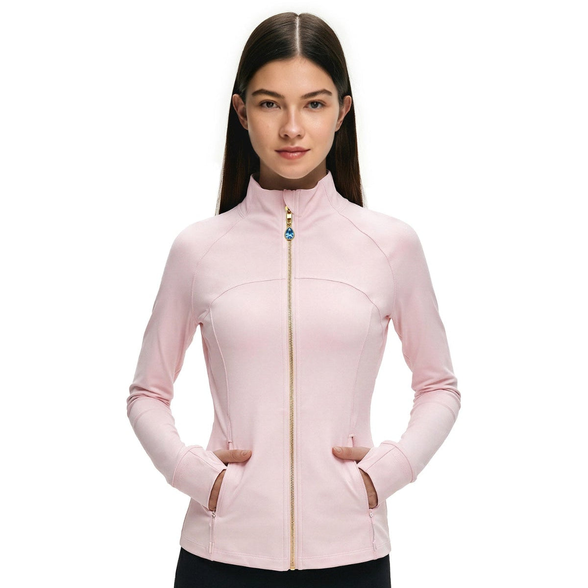 Pink Women’s Workout Jacket, 2-in-1 Crystal Zipper Charm Turns Into Necklace