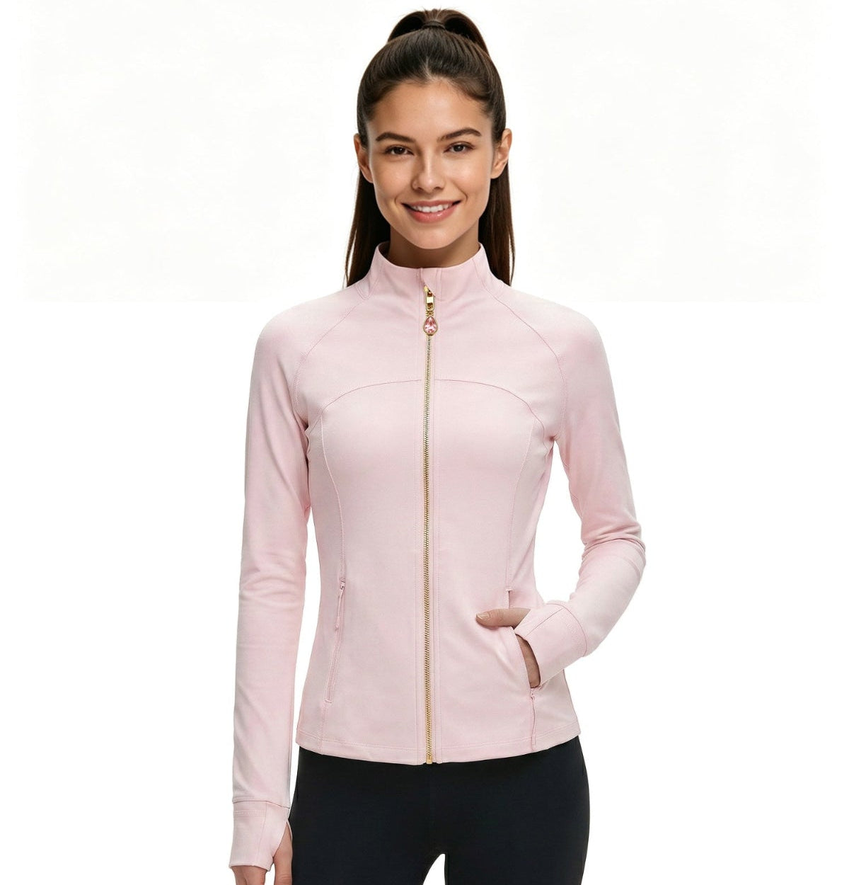 Pink Women’s Workout Jacket, 2-in-1 Crystal Zipper Charm Turns Into Necklace