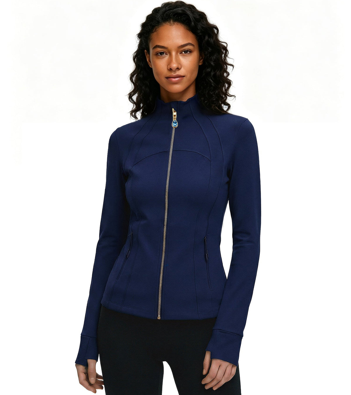 Navy Women’s Slim Fit Workout Jacket, Removable Crystal Zipper Charm Accessory