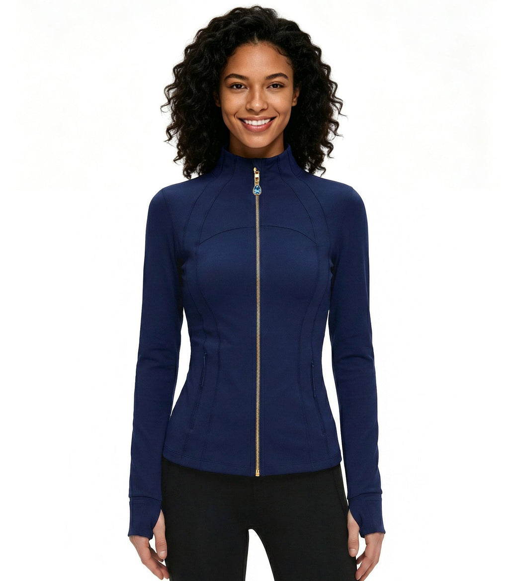 Navy Women’s Slim Fit Workout Jacket, Removable Crystal Zipper Charm Accessory