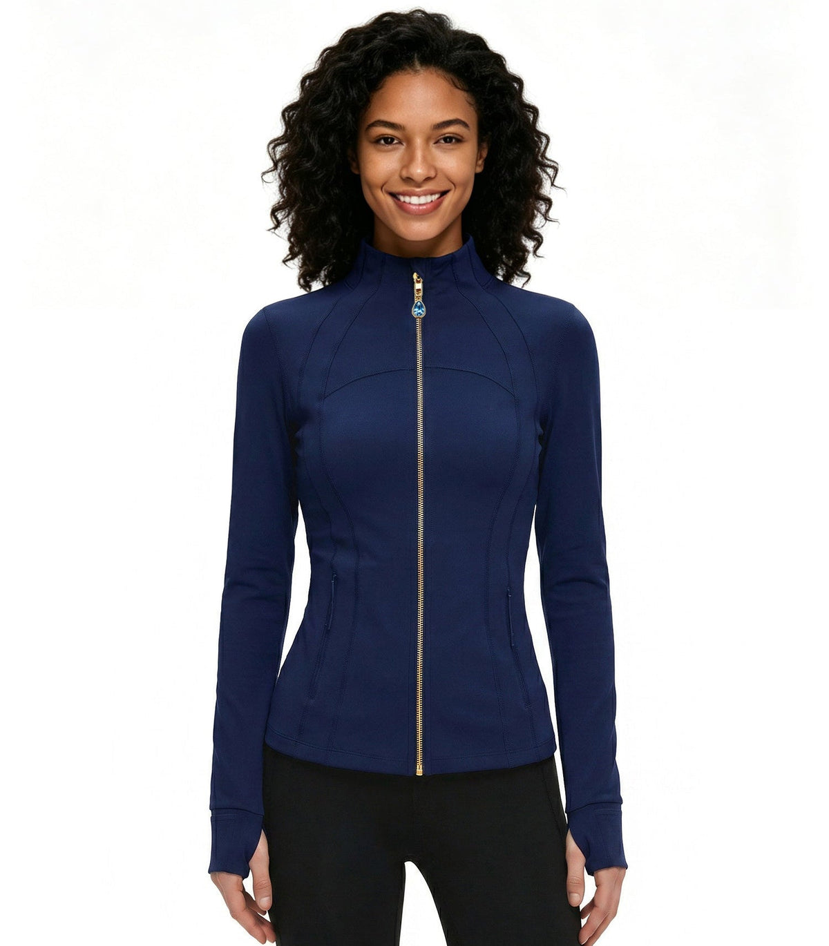 Navy Women’s Slim Fit Workout Jacket, Removable Crystal Zipper Charm Accessory