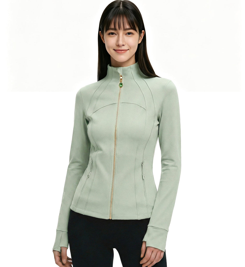 Sage Green Women’s Yoga Athleisure Jacket, Convertible Crystal Zipper Charm
