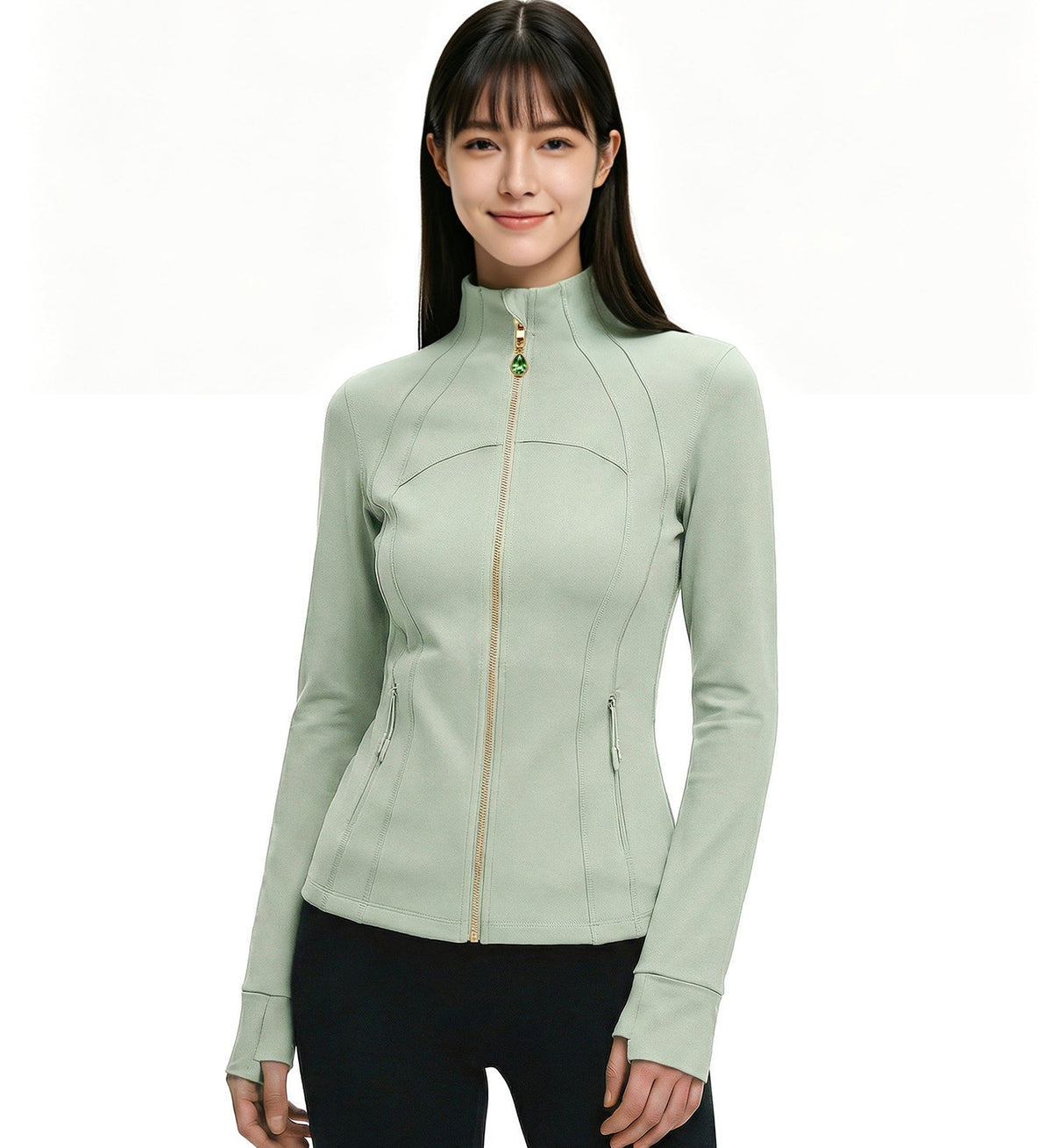 Sage Green Women’s Yoga Athleisure Jacket, Convertible Crystal Zipper Charm