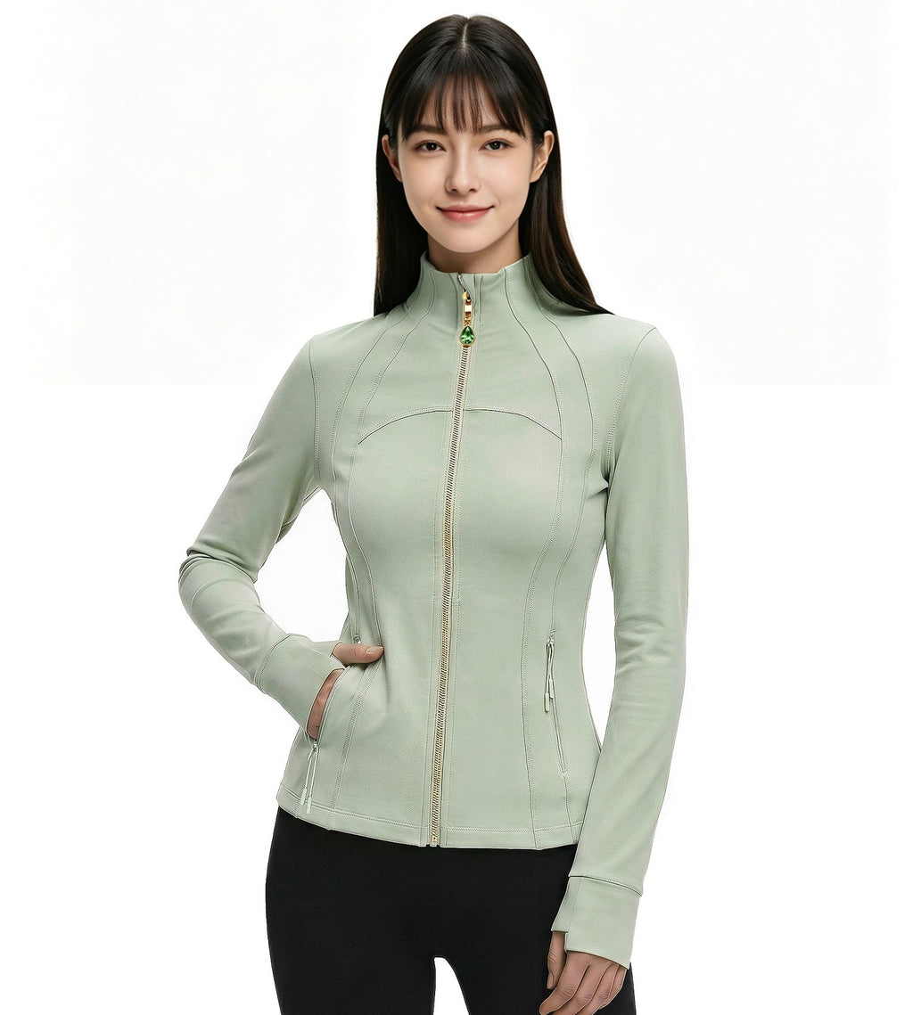 Sage Green Women’s Yoga Athleisure Jacket, Convertible Crystal Zipper Charm
