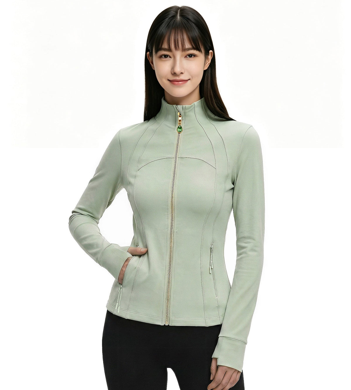 Sage Green Women’s Yoga Athleisure Jacket, Convertible Crystal Zipper Charm