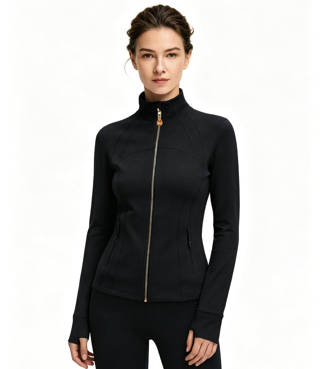 Black Women’s Slimming Yoga Jacket, Detachable Teardrop Crystal Zipper Charm