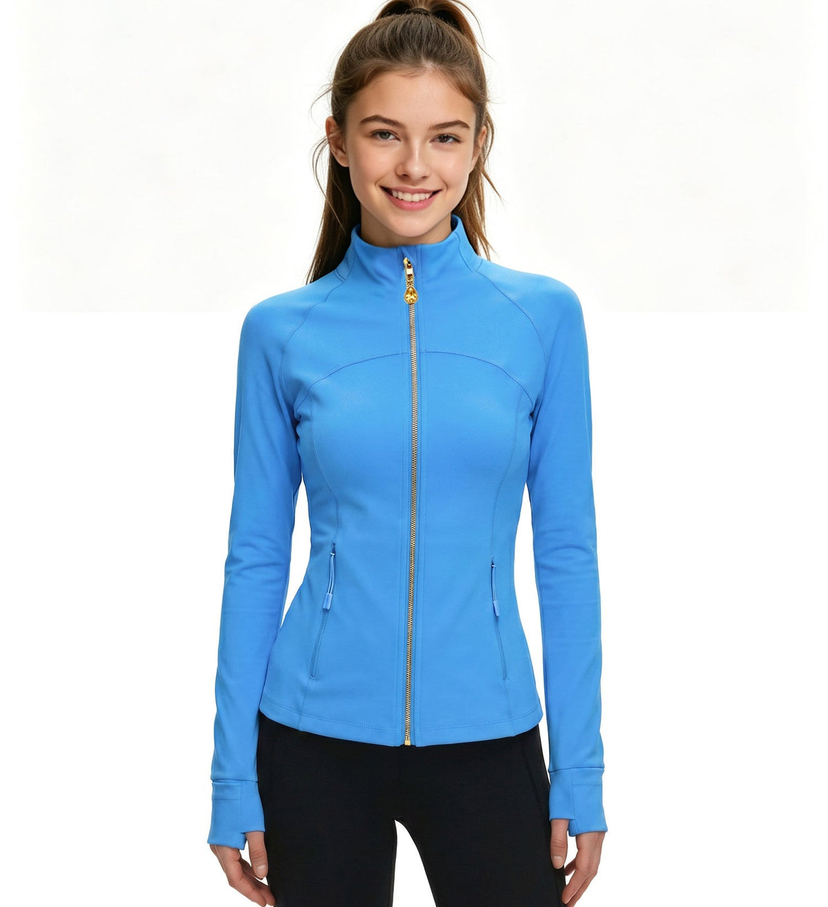 Bright Blue Women’s Athletic Jacket, Wearable Teardrop Crystal Zip Pull Charm