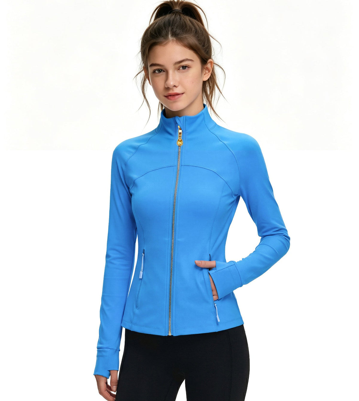 Bright Blue Women’s Athletic Jacket, Wearable Teardrop Crystal Zip Pull Charm