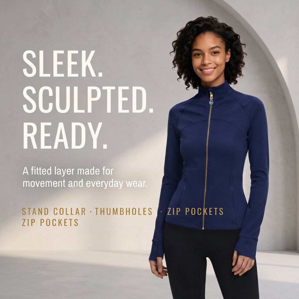 Navy Women’s Slim Fit Workout Jacket, Removable Crystal Zipper Charm Accessory