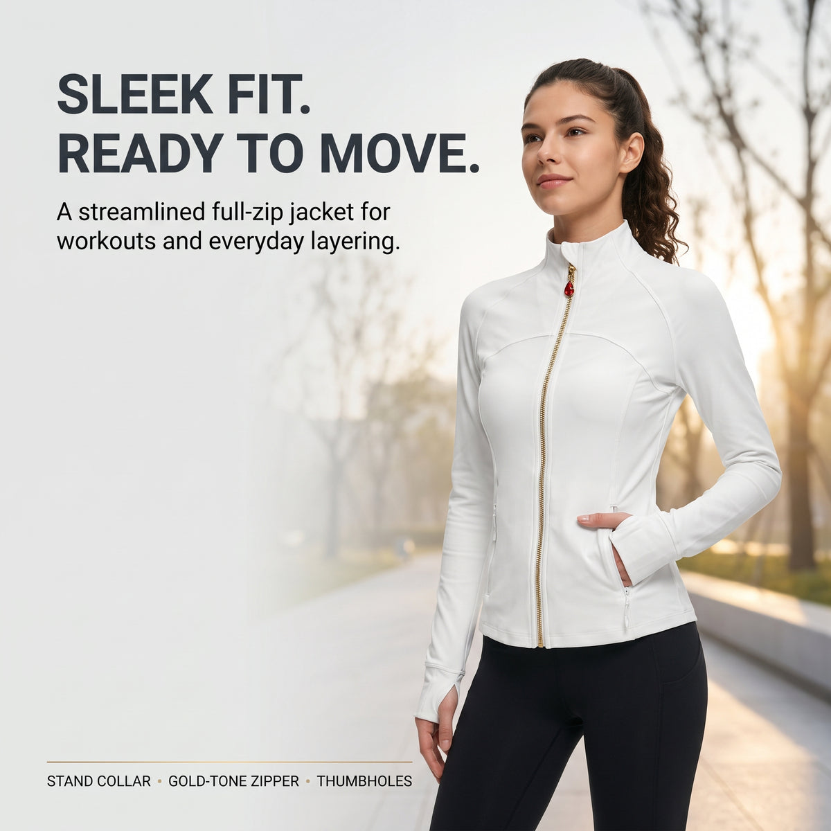 White Women’s Full Zip Yoga Jacket, Detachable Teardrop Crystal Charm Necklace