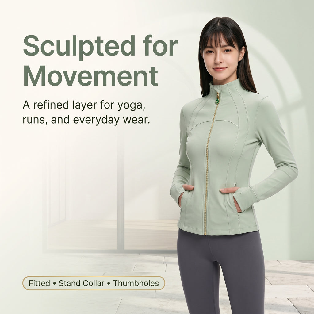 Sage Green Women’s Yoga Athleisure Jacket, Convertible Crystal Zipper Charm