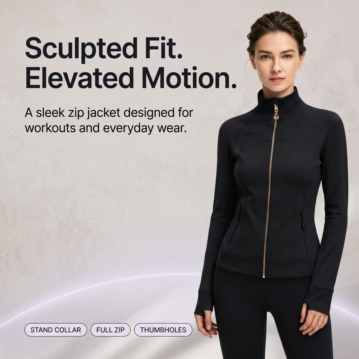Black Women’s Slimming Yoga Jacket, Detachable Teardrop Crystal Zipper Charm