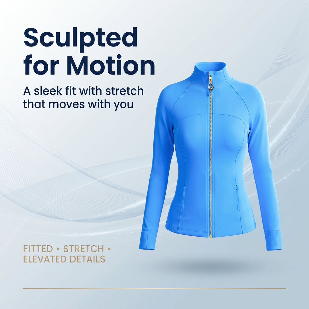 Bright Blue Women’s Athletic Jacket, Wearable Teardrop Crystal Zip Pull Charm