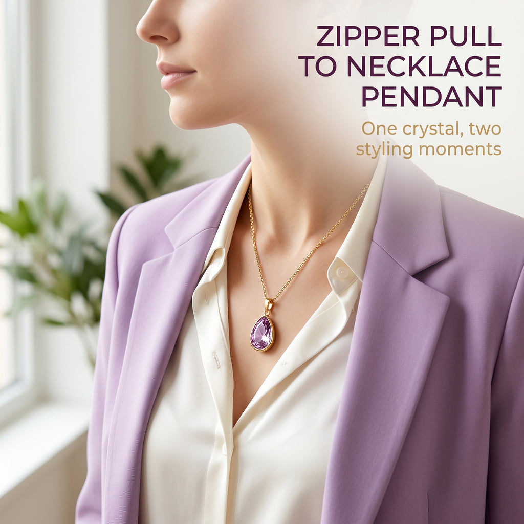 White Women’s Full Zip Yoga Jacket, Detachable Teardrop Crystal Charm Necklace