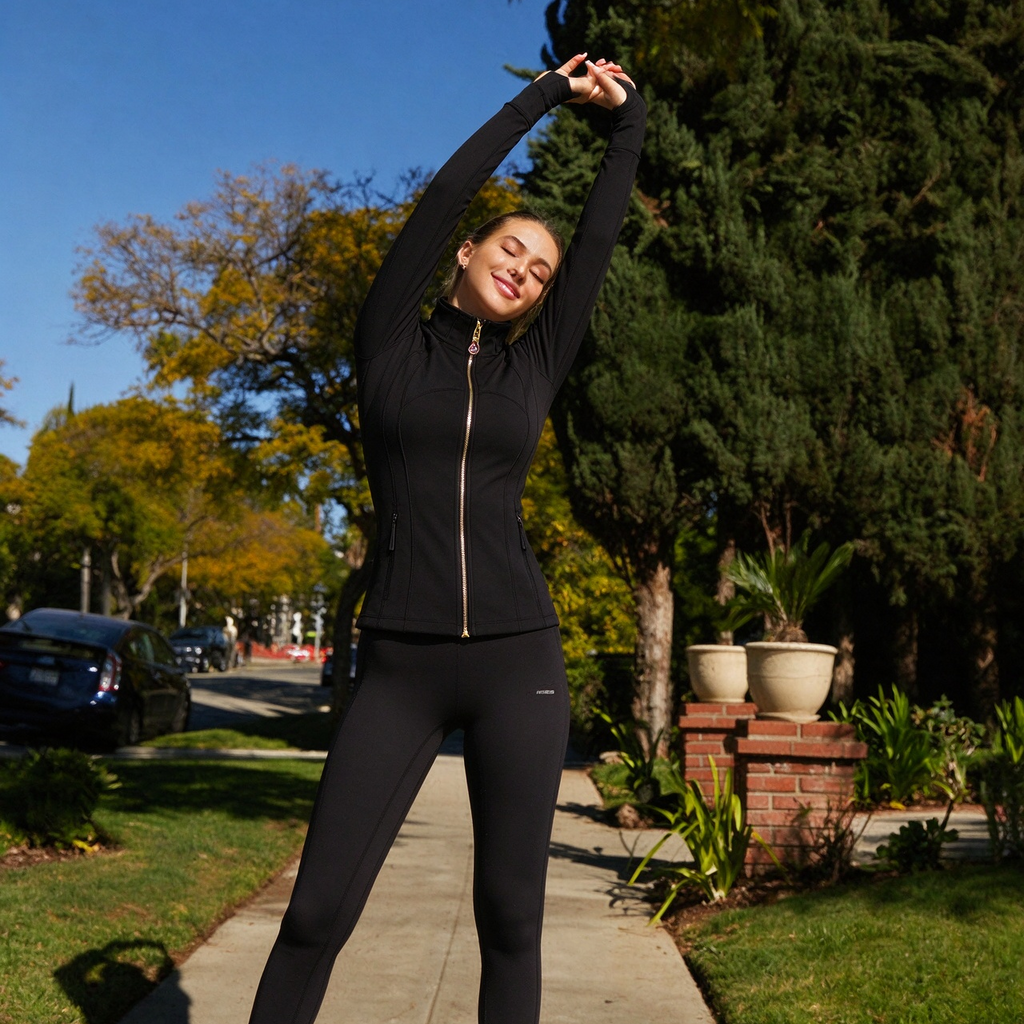 Black Women’s Slimming Yoga Jacket, Detachable Teardrop Crystal Zipper Charm