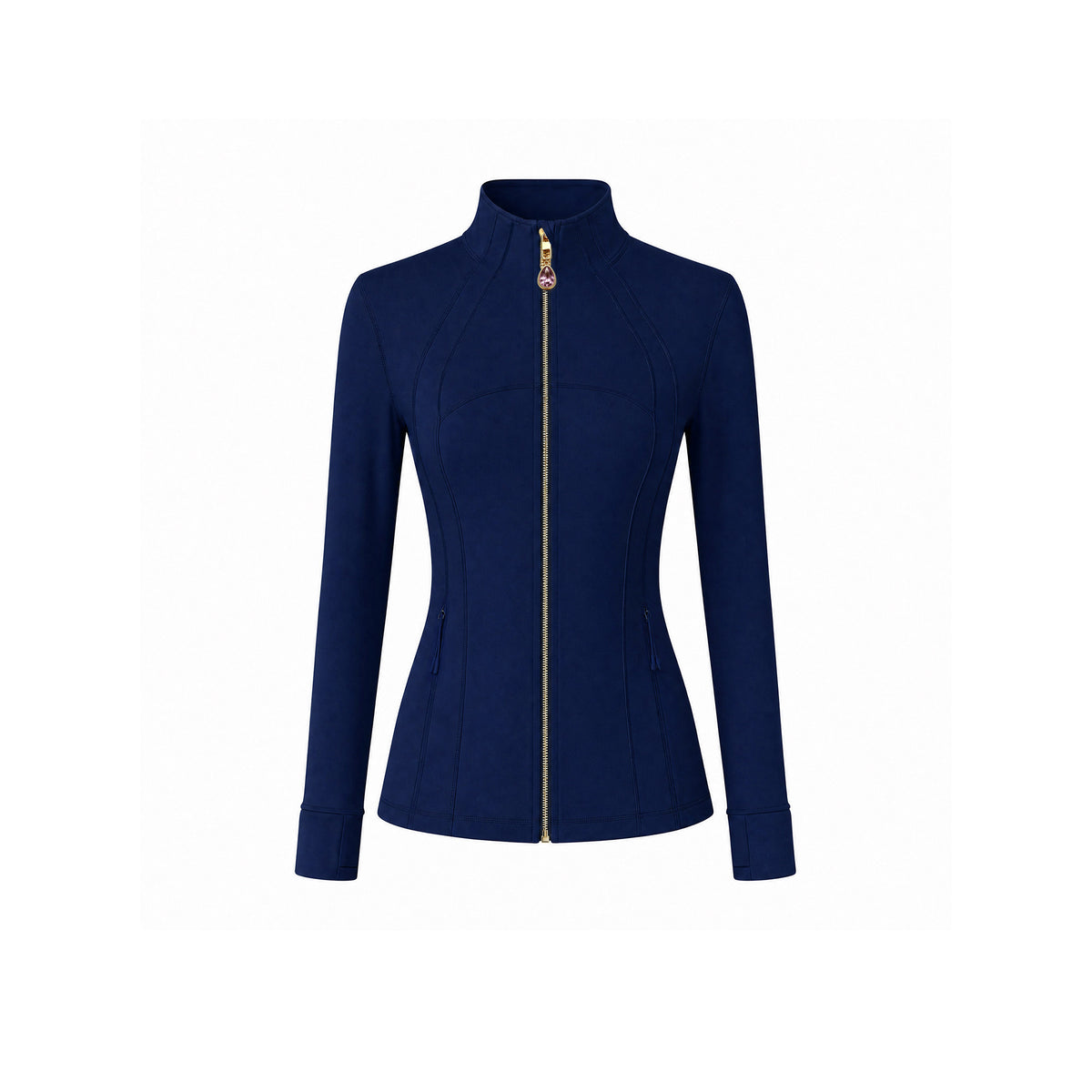 Navy Women’s Slim Fit Workout Jacket, Removable Crystal Zipper Charm Accessory