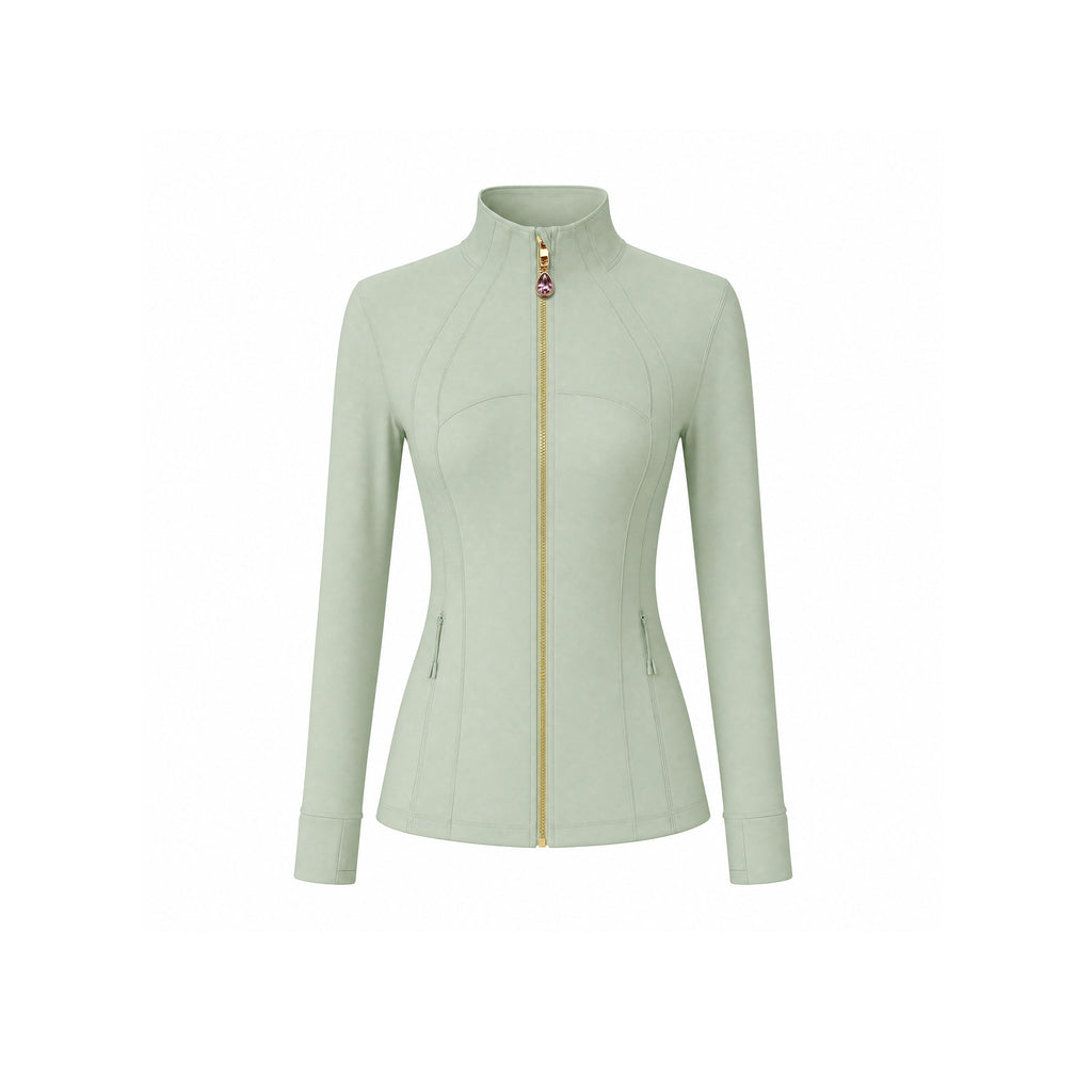Sage Green Women’s Yoga Athleisure Jacket, Convertible Crystal Zipper Charm