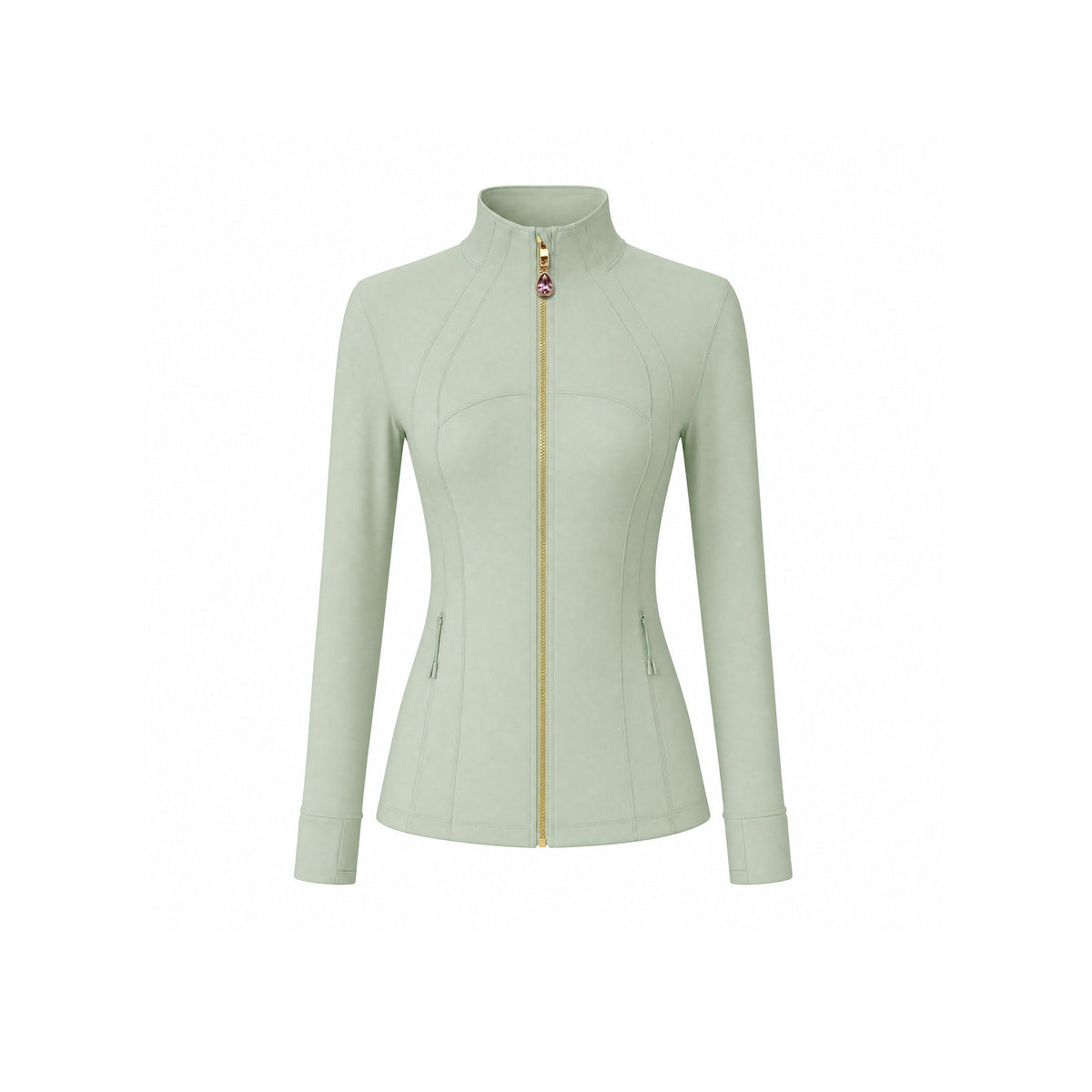 Sage Green Women’s Yoga Athleisure Jacket, Convertible Crystal Zipper Charm
