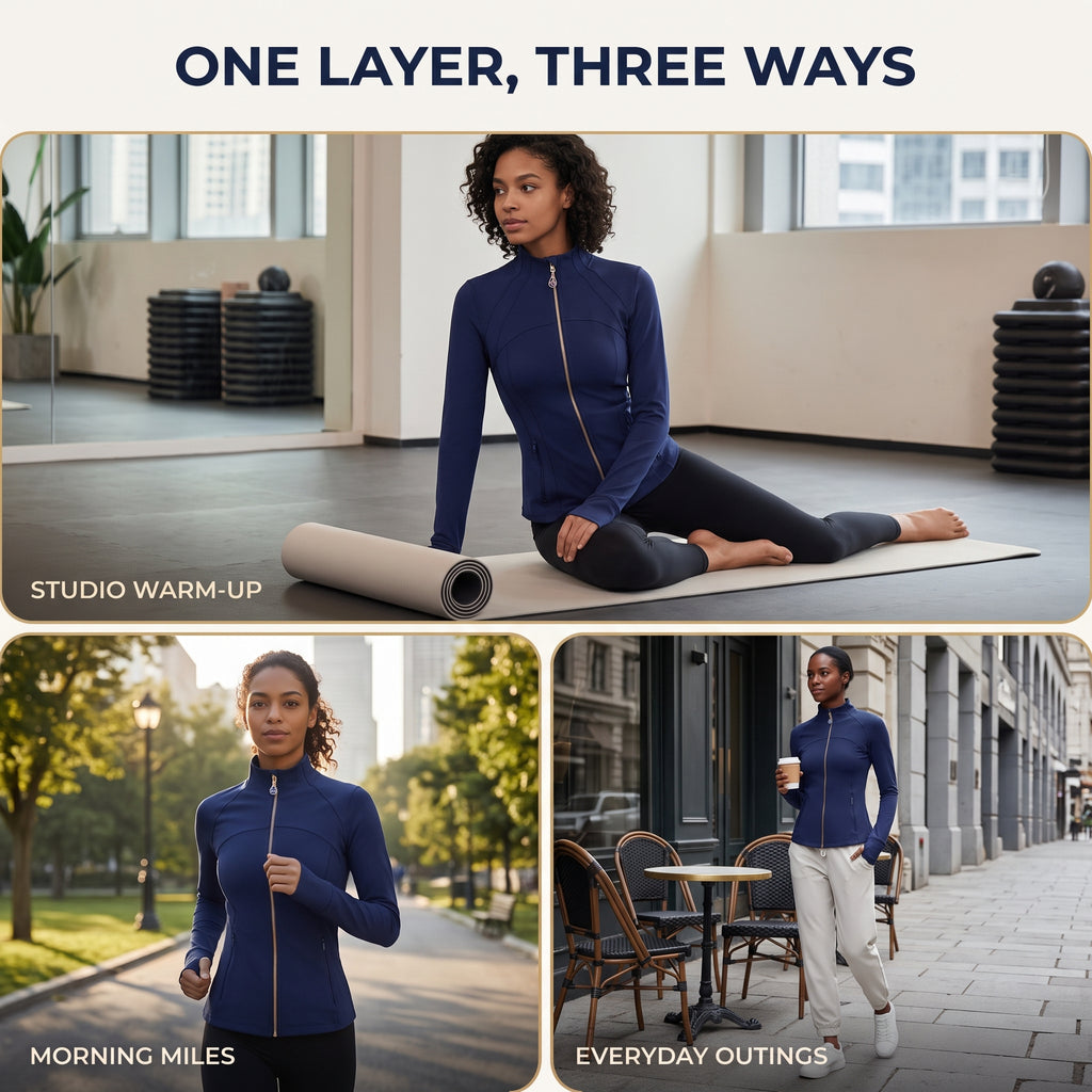 Navy Women’s Slim Fit Workout Jacket, Removable Crystal Zipper Charm Accessory