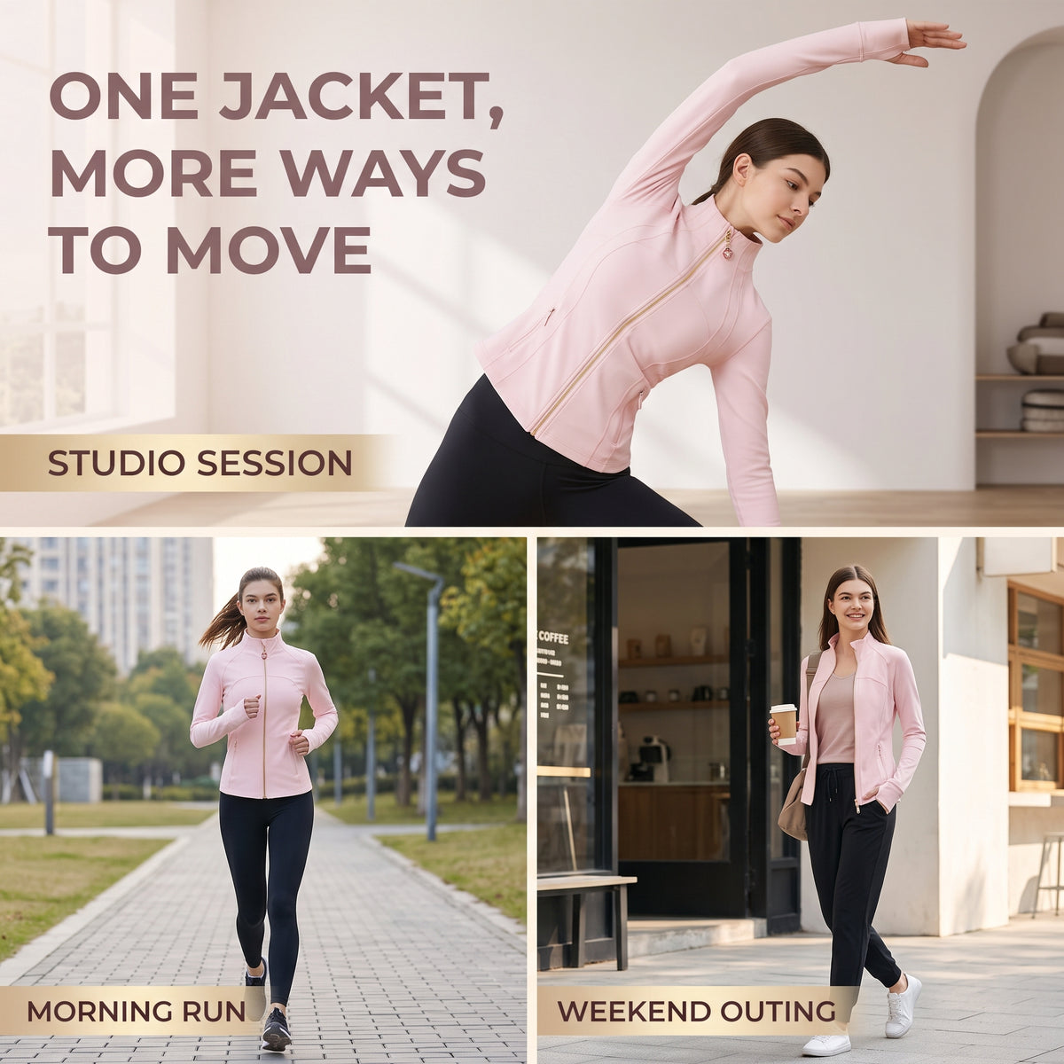 Pink Women’s Workout Jacket, 2-in-1 Crystal Zipper Charm Turns Into Necklace