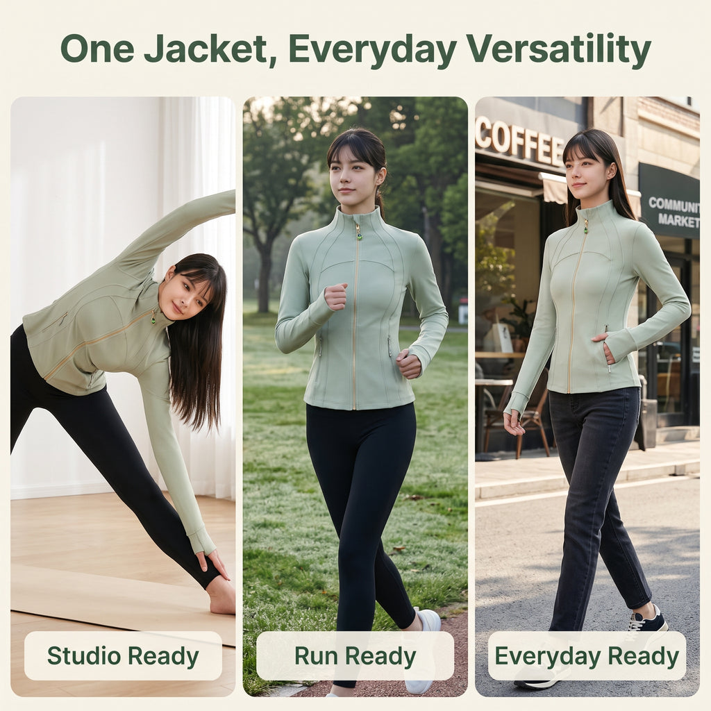 Sage Green Women’s Yoga Athleisure Jacket, Convertible Crystal Zipper Charm