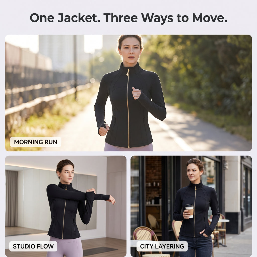 Black Women’s Slimming Yoga Jacket, Detachable Teardrop Crystal Zipper Charm