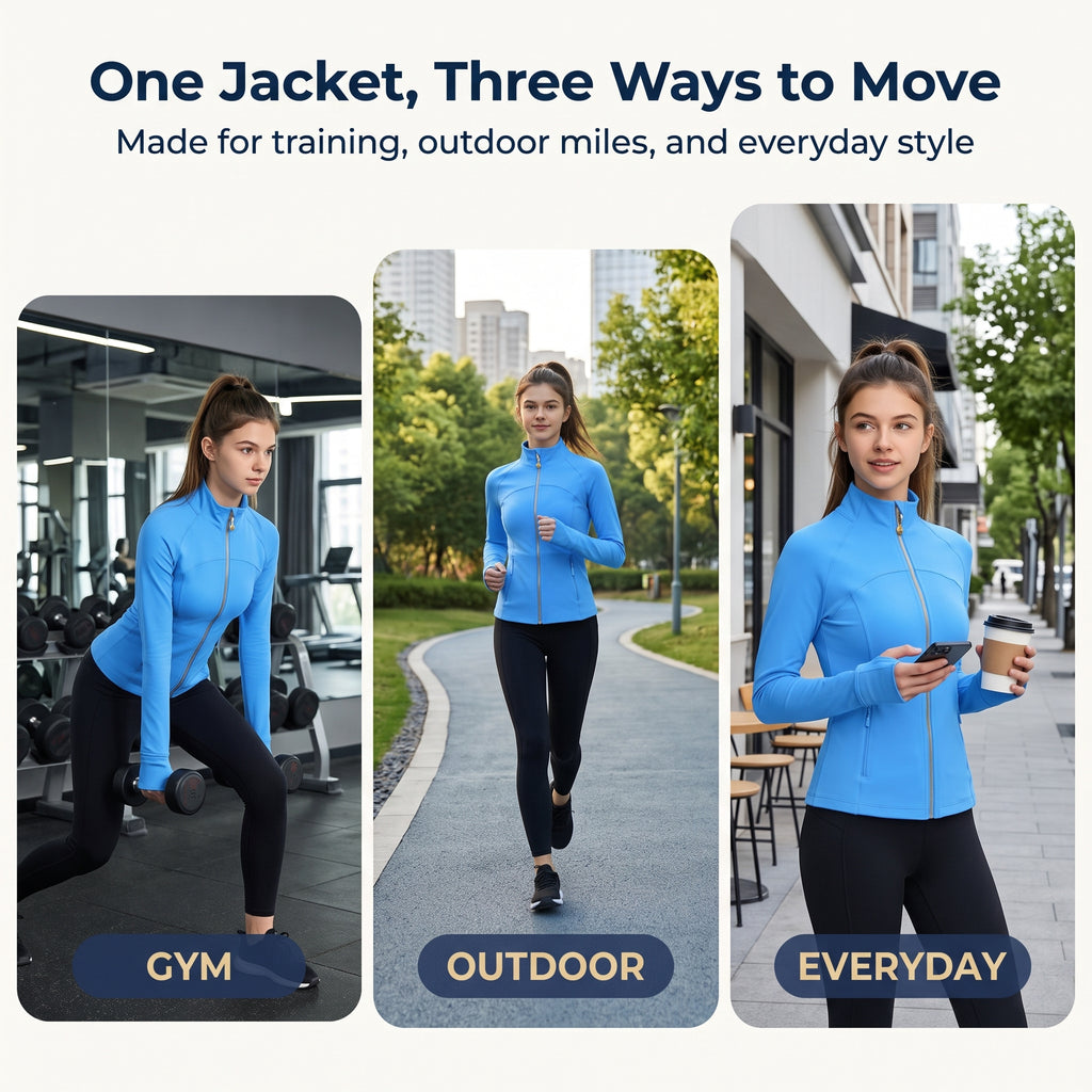 Bright Blue Women’s Athletic Jacket, Wearable Teardrop Crystal Zip Pull Charm