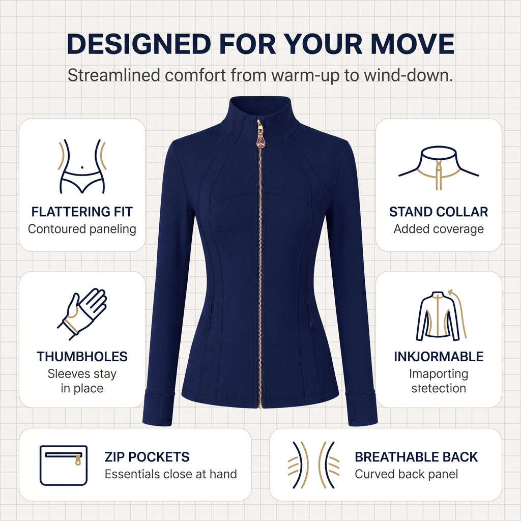Navy Women’s Slim Fit Workout Jacket, Removable Crystal Zipper Charm Accessory