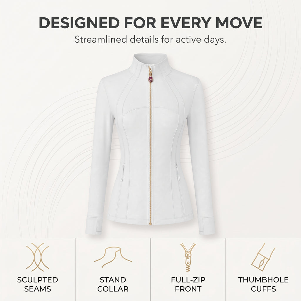 White Women’s Full Zip Yoga Jacket, Detachable Teardrop Crystal Charm Necklace