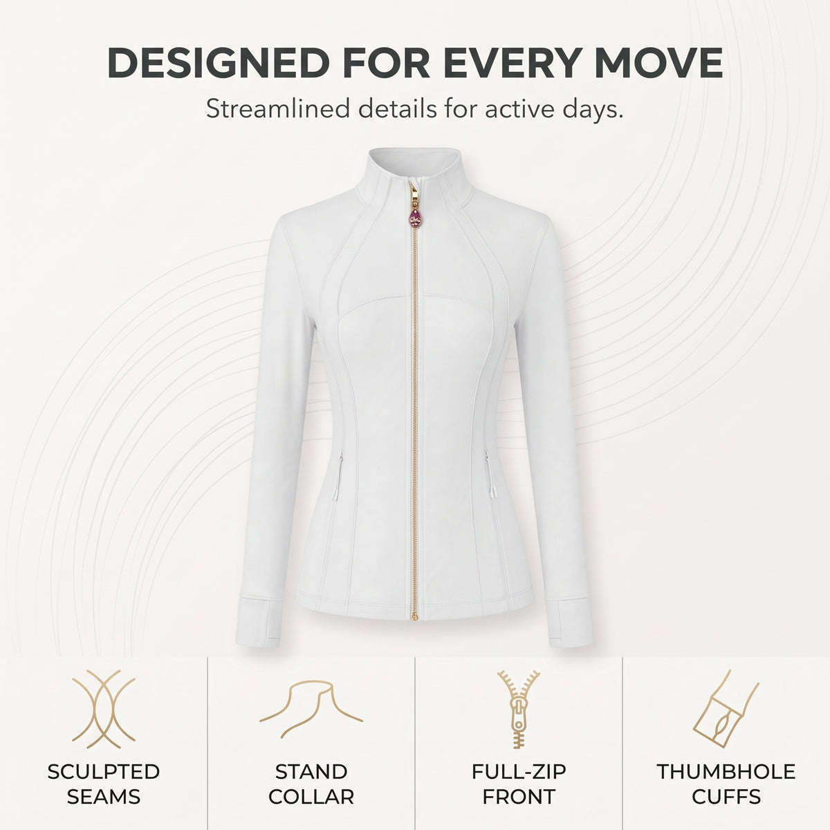 White Women’s Full Zip Yoga Jacket, Detachable Teardrop Crystal Charm Necklace