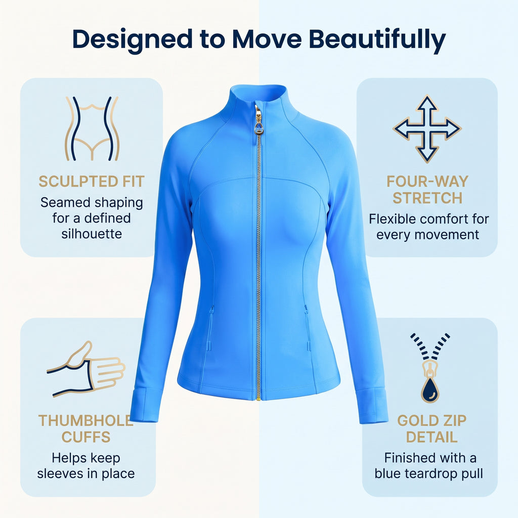 Bright Blue Women’s Athletic Jacket, Wearable Teardrop Crystal Zip Pull Charm
