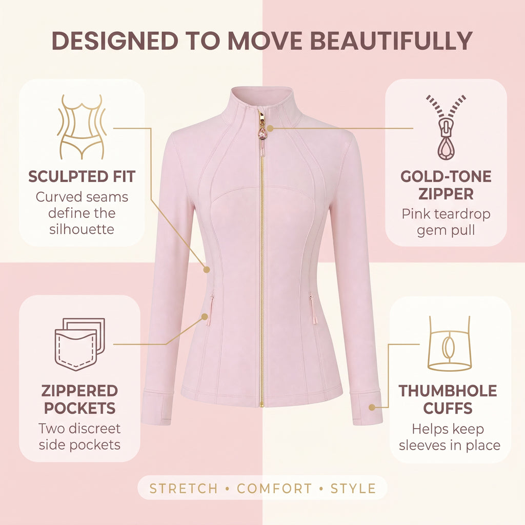 Pink Women’s Workout Jacket, 2-in-1 Crystal Zipper Charm Turns Into Necklace