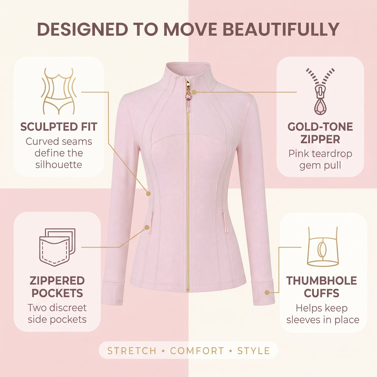 Pink Women’s Workout Jacket, 2-in-1 Crystal Zipper Charm Turns Into Necklace