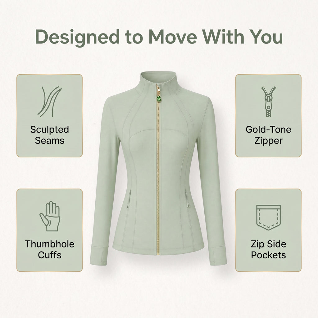 Sage Green Women’s Yoga Athleisure Jacket, Convertible Crystal Zipper Charm